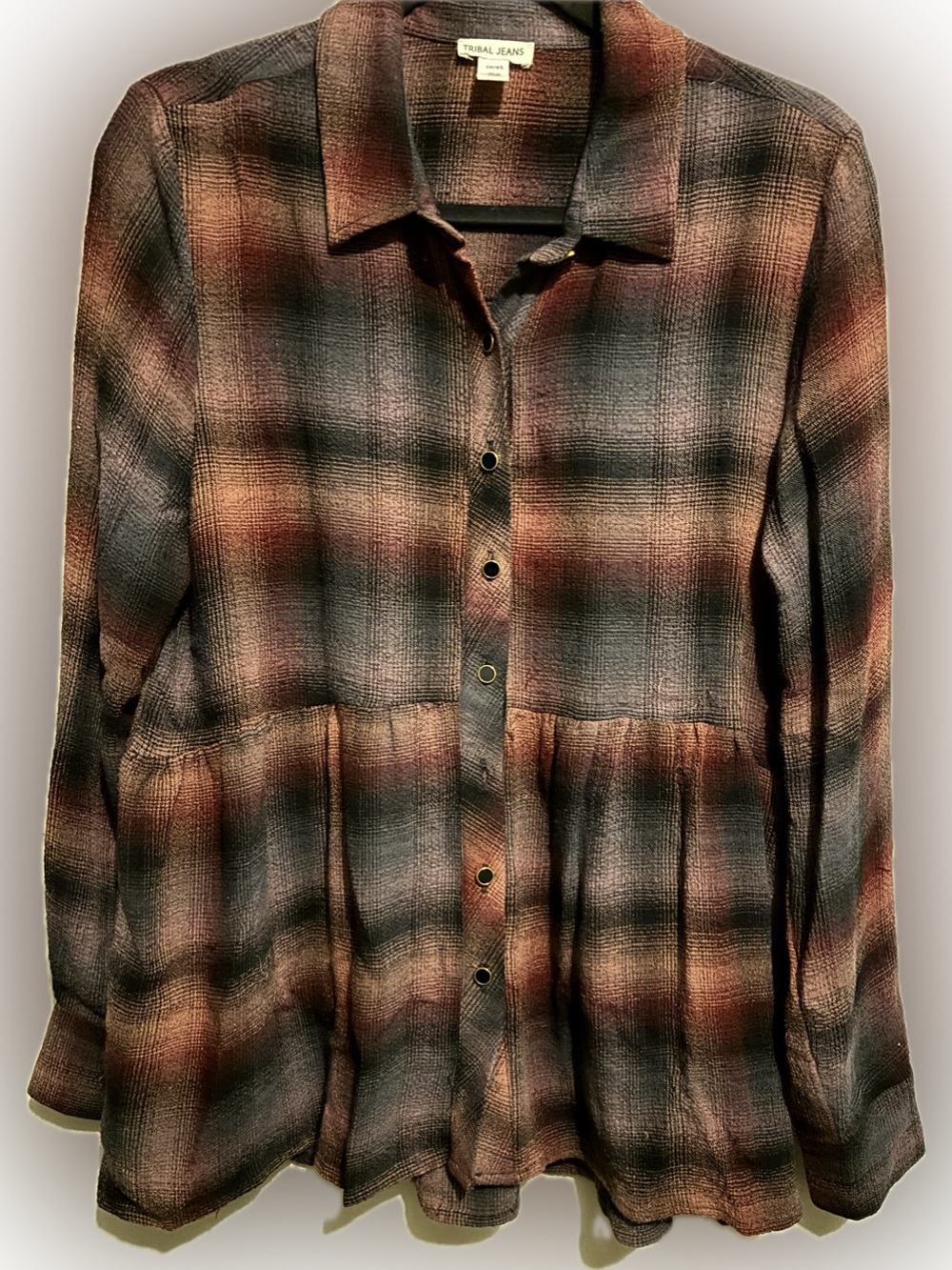 Tribal Plaid Button-Front Shirt in Rust, Navy and Cream